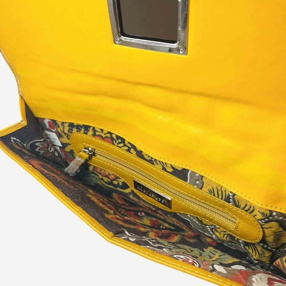 Vintage Nicole Lee Yellow Patent Faux Leather Clutch‎ Silver Turn Buckle Quilted